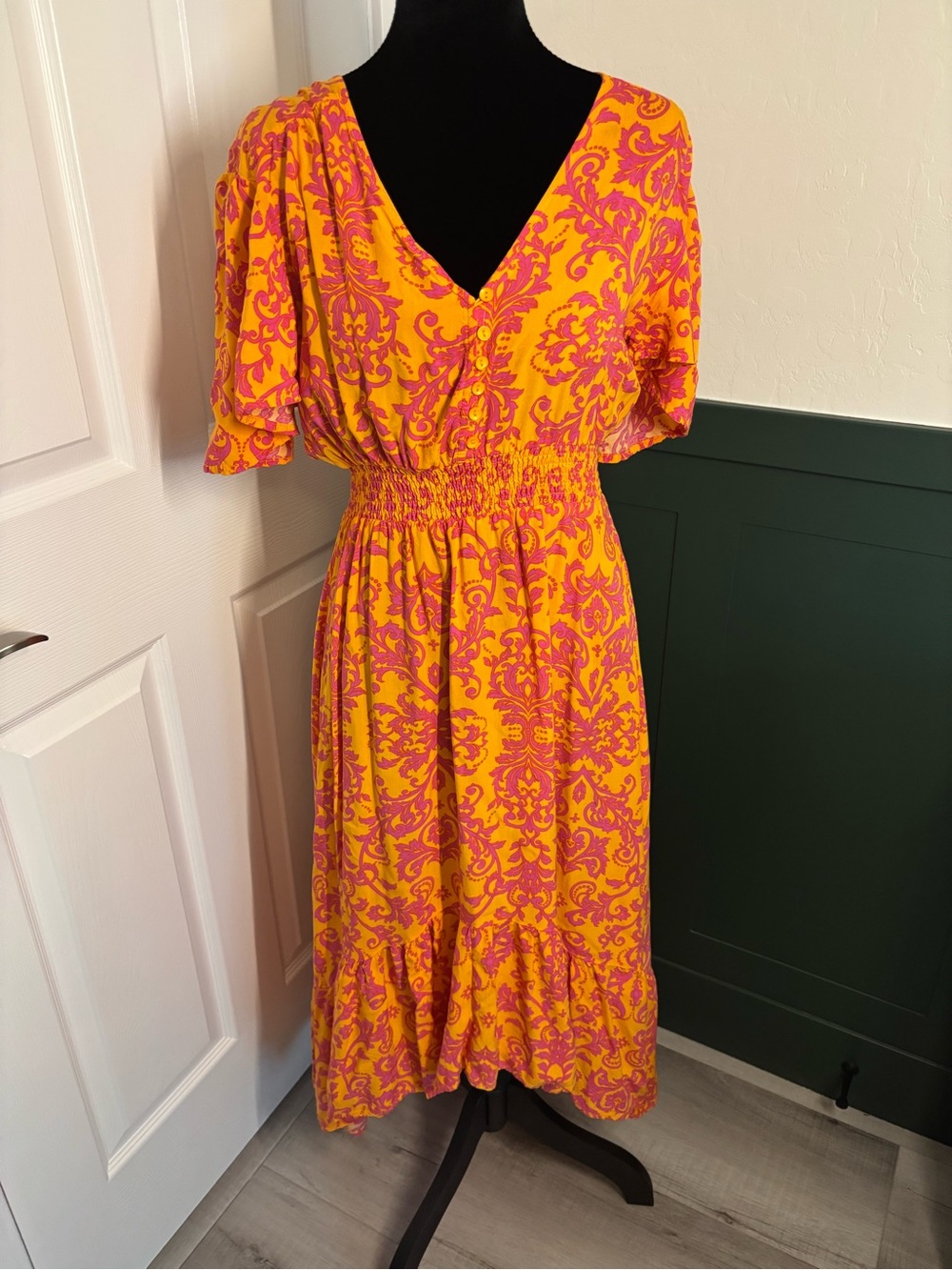 Abel the Label Orange Pink Paisley Midi Dress Smocked Waist Flutter Sleeve S